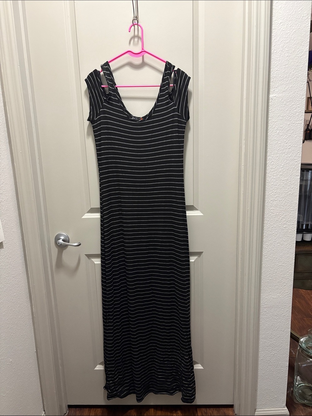 G by Guess Black and Gray Striped Cap-Sleeve Maxi Dress